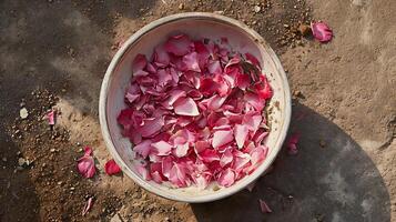 ai generado clasificado rosado pétalos en azul cuenco en hormigón foto