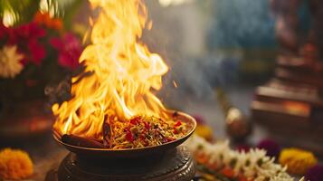 AI generated Fervent Flames Engulfing Ritual Offerings in Pot photo