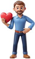 3d illustration cartoon cute man character with heart png