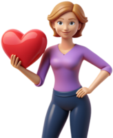 3d illustration cartoon cute woman character with heart png