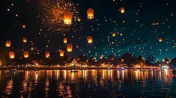 ai generado linternas reflejando en lago durante festivo noche celebracion foto