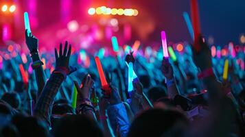 AI generated Hands Holding Glowing Sticks at Vibrant Live Concert photo