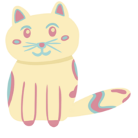 Hand drawn simple cute cat with pink and blue pattern in cartoon style sitting and smiling. png