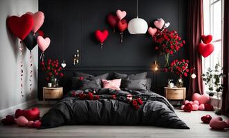 ai generado moderno oscuro dormitorio con enamorado atmósfera con rosas y corazón globos foto