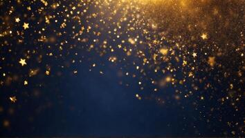 AI generated Abstract particle background with golden sparkling and glowing gold stars. Christmas glow on bokeh background. Gold foil texture background. photo