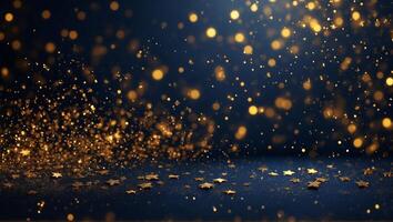 AI generated Abstract particle background with golden sparkling and glowing gold stars. Christmas glow on bokeh background. Gold foil texture background. photo