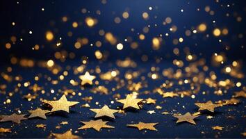 AI generated Abstract particle background with golden sparkling and glowing gold stars. Christmas glow on bokeh background. Gold foil texture background. photo