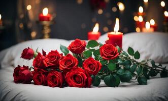 AI generated Modern dark bedroom with Valentine atmosphere with Roses and Heart Balloons photo