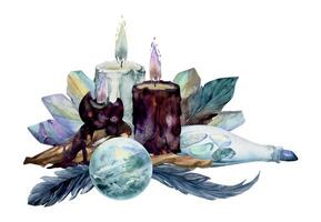 Hand drawn watercolor illustration sea witch altar objects. Burning candles driftwood gemstones crystals glass vial feather plumage. Composition isolated on white background. Design print, shop, magic vector