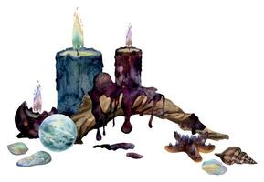 Hand drawn watercolor illustration sea witch altar objects. Burning pillar candles bog driftwood, gemstones crystals, shells starfish. Composition isolated white background. Design print, shop, magic vector