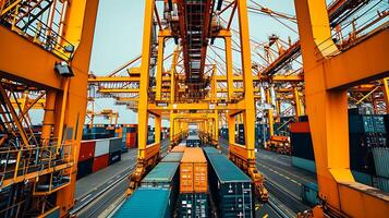 AI generated Port for shipping with a robotic crane handling containers photo