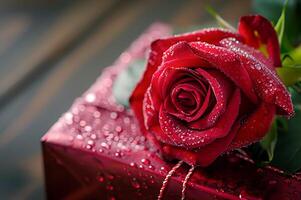ai generado rojo rosas y Rocío gotas en regalo cajas para parejas brillar en San Valentín día foto