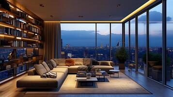 AI generated Luxury high-rise apartment living room with cityscape view at twilight photo