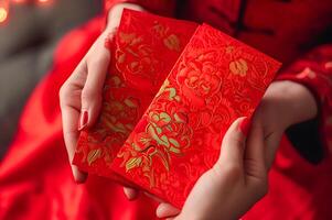 AI generated Money in red envelopes to be distributed for good luck during Chinese New Year photo