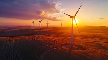 ai generado viento turbinas a puesta de sol en un renovable energía paisaje foto