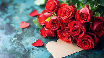 AI generated Romantic Red Roses with Heart-Shaped Card for Valentine's Day photo