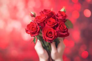 AI generated Woman hands holding bouquet of red roses against bokeh background photo