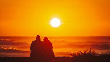 ai generado Pareja disfrutando un majestuoso puesta de sol en el playa foto