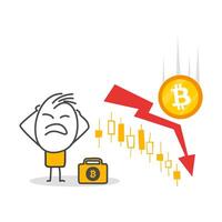 Stick figures. Bitcoin. Hand drawn doodle line art cartoon design character. vector