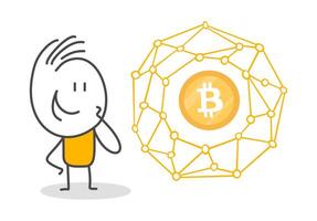 Stick figures. Bitcoin. Hand drawn doodle line art cartoon design character. vector