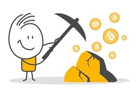 Stick figures. Bitcoin. Hand drawn doodle line art cartoon design character. vector