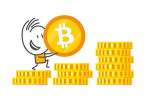 Stick figures. Bitcoin. Hand drawn doodle line art cartoon design character. vector