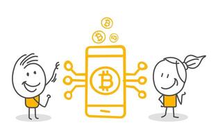 Stick figures. Bitcoin. Hand drawn doodle line art cartoon design character. vector