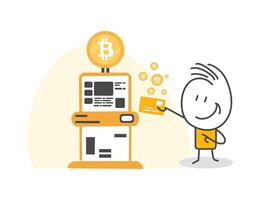 Stick figures. Bitcoin. Hand drawn doodle line art cartoon design character. vector