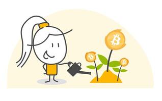 Stick figures. Bitcoin. Hand drawn doodle line art cartoon design character. vector