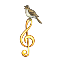 A golden treble clef with a singing nightingale. The watercolor illustration is hand-drawn. Highlight it. For logos, badges, stickers and prints. For postcards, business cards, flyers. png