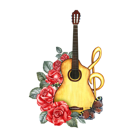 A guitar decorated with red roses, a treble clef and a butterfly. The watercolor illustration is hand-drawn.. For posters, flyers and invitation cards. For postcards, logos, badges, sticker and print png