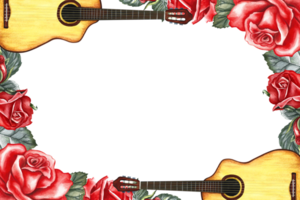 The frame is musical with guitars and red roses. The watercolor illustration is hand-drawn. For posters, flyers and invitation cards. For greeting cards and certificates. png