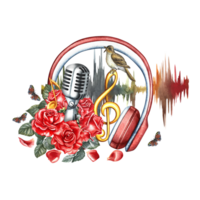 A retro silver microphone decorated with red roses, notes and a nightingale. The watercolor illustration is hand-drawn. For logos, badges, stickers and prints. For postcards, business cards, flyers. png