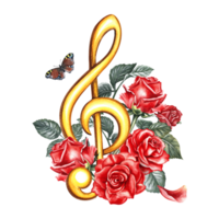 A golden treble clef decorated with red roses. The watercolor illustration is hand-drawn. Highlight it. For logos, badges, stickers and prints. For postcards, business cards, flyers. png