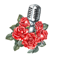 zilver retro microfoon versierd met rood rozen. de waterverf illustratie is hand getekend. isoleren het. voor logo's, insignes, stickers en afdrukken. voor ansichtkaarten, bedrijf kaarten, flyers en affiches. png