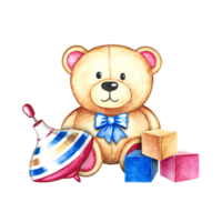 Children's toys, a teddy bear, a spinning top and cubes. Handmade watercolor illustration. For the design of children's books, postcards and flyers. For labels of packaging of children's goods. png