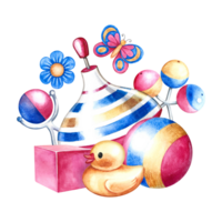 Children's toys ball, spinning top, cubes, yellow duck and rattles. Handmade watercolor illustration. For the design of children's book, postcards and flyers. For labels, packaging of children's goods png