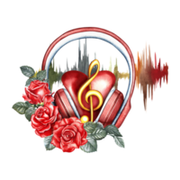 A heart in the headphones at the frequency of the audio signal. The watercolor illustration is hand-drawn. For posters, flyers and invitation cards. For postcards, logos, badges, stickers and prints. png