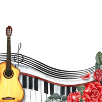 The frame is musical with guitars, piano keys, roses and musical strings. The watercolor illustration is hand-drawn. For posters, flyers and invitation cards. For greeting cards and certificates. png