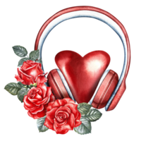 A heart in red headphones decorated with roses. The watercolor illustration is hand-drawn. For posters, flyers and invitation cards. For banners and postcards. For logos, badges, stickers and prints. png