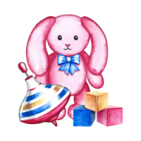 Children's toys - a spinning top, cubes and a plush rabbit. Handmade watercolor illustration. For the design of children's books, postcards and flyers. For packaging children's goods, greeting cards. png