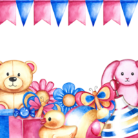 A frame with children's toys, a ball, a spinning top, cubes and a teddy bear with a bunny. Handmade watercolor illustration. For the design of children's book, banners and labels, packaging, postcards png