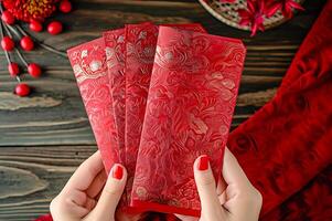 AI generated Money in red envelopes to be distributed for good luck during Chinese New Year photo