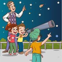 vector illustration of Cute kids watching through telescope on night starry sky.