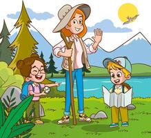 Vector Illustration of Children's Education. Scout students camping. students studying with teacher in nature cartoon vector