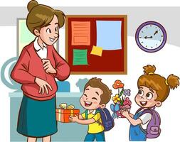 Kids student giving bouquet of flowers to her teacher, Flat simple illustration for happy teachers day. vector