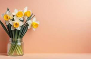 ai generado tarjeta con amarillo y blanco narcisos en un tarro en un melocotón antecedentes con espacio para texto. concepto para de la madre día, marzo 8, personas mayores día foto