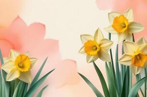 AI Generated Watercolor peach background with spring flowers, daffodils with space for text. March 8, Valentine's Day, Mother's Day, Seniors' Day photo