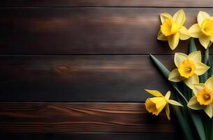 AI Generated Wooden surface with a bouquet of delicate yellow daffodils, with free space for text photo