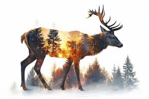 AI generated Stunning double exposure of deer silhouette with forest sunset scene, perfect for creative projects. photo